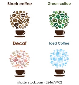 vector illustration of four types of coffee black green iced and decaffeinated