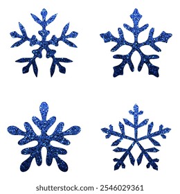 Ilustración vectorial de cuatro copos de nieve brillantes azules únicos sobre un fondo blanco, perfecto para diseños de invierno y vacaciones.