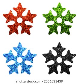 Vector illustration of four unique glittery snowflake shapes in red, green, blue, and black on a white background.