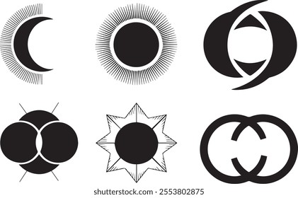 A vector illustration of four unique silhouette elements inspired by eclipses