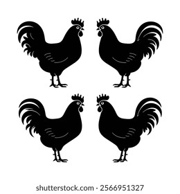 vector illustration of four variations of black silhouettes of roosters and hens