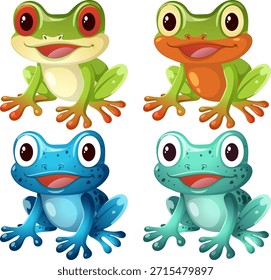 Vector illustration of four vibrant cartoon frogs, each with unique colors and expressive faces