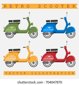 Vector illustration of four vintage scooters painted in different colors, Isolated on white background for design
