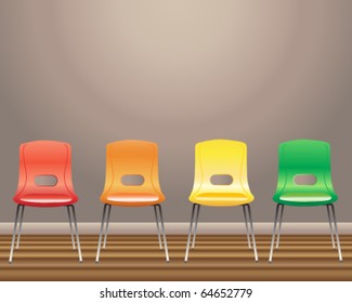 vector illustration of four waiting room chairs in red yellow orange and green against a blank wall in eps10 format