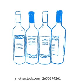 Vector illustration of four wine bottles with decorative labels, drawn in blue outline style. A minimalist wine-themed composition perfect for branding, product packaging, or print design.