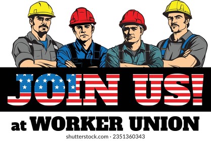 Vector illustration of four worker man and worker union text from United States of America, flat design, minimalism,