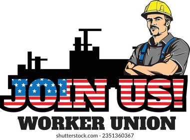 Vector illustration of four worker man and worker union text from United States of America, flat design, minimalism,