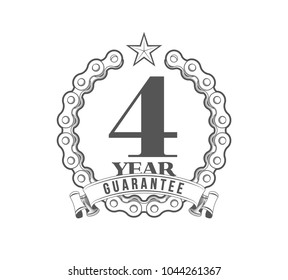 Vector illustration Four Years Warranty icon background with ribbon and moto chain isolated on white. Poster, label, badge or brochure template. Banner with Logo 4 years guarantee Label obligations