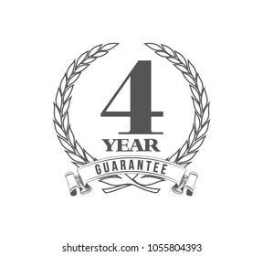 Vector illustration Four Years Warranty icon background with ribbon and olive branch isolated on white. Poster, label, badge or brochure template. Banner with Logo 4 years guarantee Label obligations