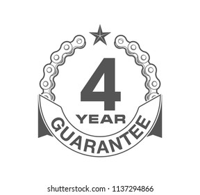 Vector illustration Four Years Warranty icon background with ribbon and moto chain isolated on white. Poster, label, badge or brochure template. Banner with Logo 4 years guarantee Label obligations