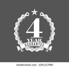 Vector illustration Four Years Warranty icon background with ribbon and moto chain isolated on Black. Poster, label, badge or brochure template. Banner with Logo 4 years guarantee Label obligations
