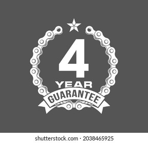 Vector illustration Four Years Warranty icon background with ribbon and moto chain isolated on Black. Poster, label, badge or brochure template. Banner with Logo 4 years guarantee Label obligations