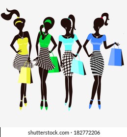 Vector illustration of four young fashionable girls shopping/ Girls shopping