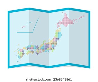 Vector illustration of four-fold Japan map ( dot pattern ) | Colors are changed for each prefecture