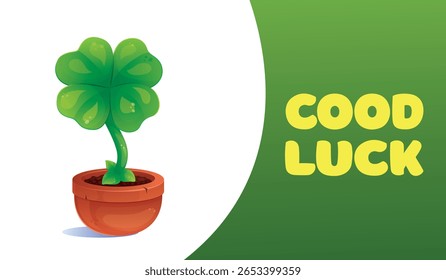 Vector illustration of a four-leaf clover in a brown pot. Symbol of good luck. Talisman.
