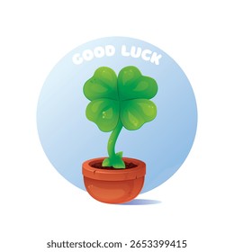 Vector illustration of a four-leaf clover in a brown pot. Symbol of good luck. Talisman.