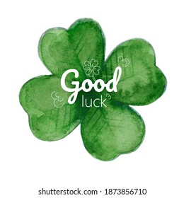 Vector illustration with four-leaf clover on white background. Imitation of a watercolor painting. Decorative element for St. Patrick's Day. Good luck wish. Artwork for the design of cards, banners.