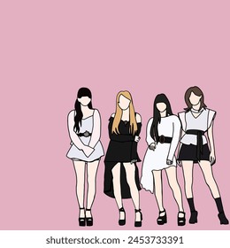 Vector illustration of four-member kpop idol girl group with girls crush concept. Street idols of Korea. K-pop female fashion idols. red carpet at an awards show for idols