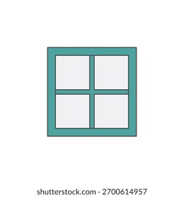 Ilustração vetorial de uma janela quadrada de quatro painéis com um quadro azul-petróleo, simbolizando a arquitetura, a luz, a vista e a propriedade da casa.