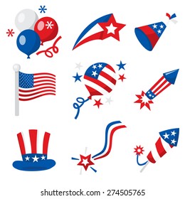 A Vector Illustration Of Fourth Of July Or American Patriotic Icons Like Balloons, Firecrackers And Decorations.