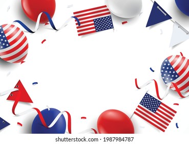 Vector Illustration of the Fourth of July. Background with balloons, flags
