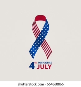 Vector illustration for fourth of July Day. Badge ribbon with flag of United States of America against light background with stripes.