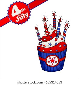 Vector illustration. Fourth of July. Festive cupcake with candles and stars isolated on white background. US Independence Day Postcards.