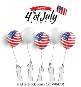 Vector illustration of the fourth of July. Hands with US flag balloons
