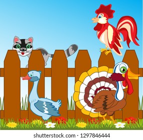 Vector illustration of the fowl in courtyard of the building by summer