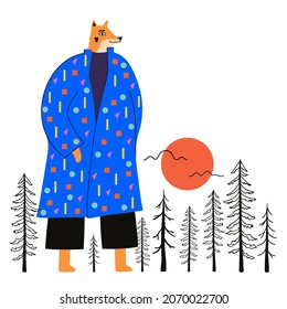 Ilustración vectorial con zorro en capa de invierno abstracta, pinos de garabato y sol. Diseño de impresión moderno con animales sobre caminar en el bosque, invierno o otoño
