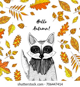 Vector illustration of fox with autumn leaves. Design template for invitation, flyer, greeting card, poster or banner