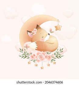 vector illustration fox banner background cut cartoon flower animal colorful floral drawing character happy baby watercolor kids card love moon sketch star sleep dream print girl shower newborn fun 