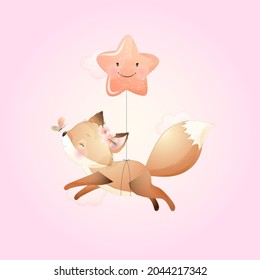 Vektorgrafik-Fox-Banner Frohe Babydusche Liebe Design Cartoon kleines Mädchen Rosa Gruß süße lustige Kind-Postkarte-Karte Pick-Card Moskitekarte Neugeborene Skizze Blumenkohl-Kunstmaler Junge 