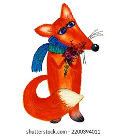 Vector illustration of a fox with a bouquet of flowers, done in watercolor and sketch markers; watercolor and marker illustration of a fox with a bouquet of flowers; fox with a bouquet of flowers