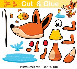 Vector illustration of fox cartoon fishing. Education paper game for children. Cutout and gluing.