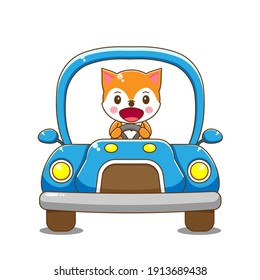 Vector illustration of fox character driving car isolated on white background.