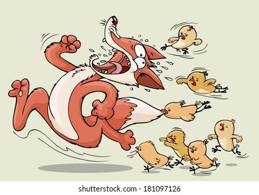 Vector illustration, fox chased by chickens, cartoon concept.