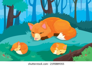 Vector illustration of fox with cubs sleeps on lawn in night forest