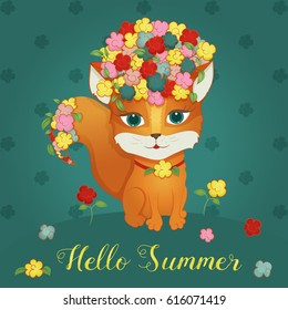 Vector illustration. The fox is in flowers in the clearing. The inscription is hello summer. It can be used for decoration greetings, invitations, advertising banner, poster. Space for text