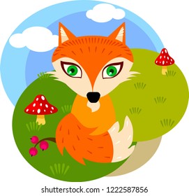 Vector illustration of a fox in a forest glade.