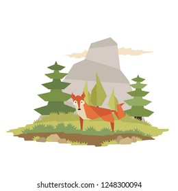 Vector illustration of fox in habitat in geometric flat style. Can be used as a sticker, icon, logo, design template, card, banner. 
