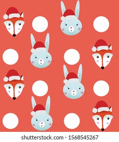Vector illustration of a fox in hat and bunny in hat on the polka dots background. Winter christmas greeting card. Flat graphic