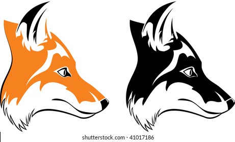 Vector illustration of the fox head. Orange, black and white.