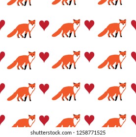 vector illustration of fox and hearts seamless background.