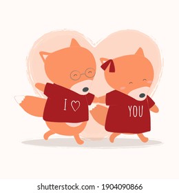 ilustración vectorial del zorro agarrándose una mano con fondo cardíaco. dos zorros tomándose de la mano. ratón de diseño plano. fondo de pantalla animal.
