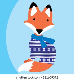 Vector illustration of fox in knitted sweater with scandinavian pattern and scarf