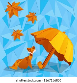 Vector illustration.  Fox, leaf and umbrella on blue background. Origami