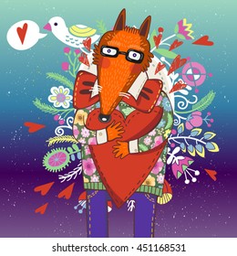 Vector illustration of fox in love. 