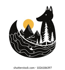 Vector illustration with fox and nature landscape - pine trees, mountains, trail, sun and bear. Ocean with ship inside the tail. Print design with wild animals