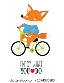 Vector illustration of fox on a bicycle with motivational quote enjoy what you do